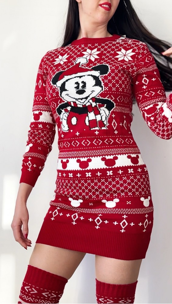 Compleu dama ieftin din tricot rosu minunat compus din rochie, caciula si jambiere Craciun MK