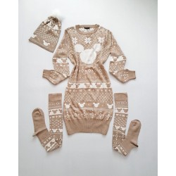 Compleu dama ieftin din tricot crem minunat compus din rochie, caciula si jambiere Craciun Head