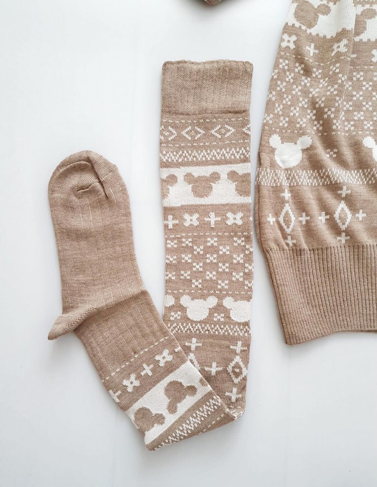 Compleu dama ieftin din tricot crem minunat compus din rochie, caciula si jambiere Craciun Head