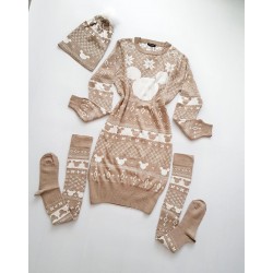 Compleu dama ieftin din tricot crem minunat compus din rochie, caciula si jambiere Craciun Head