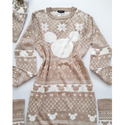 Compleu dama ieftin din tricot crem minunat compus din rochie, caciula si jambiere Craciun Head