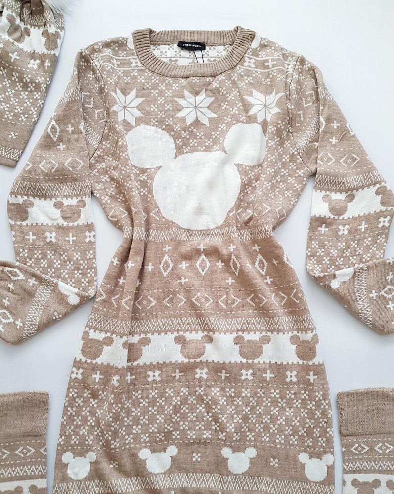 Compleu dama ieftin din tricot crem minunat compus din rochie, caciula si jambiere Craciun Head