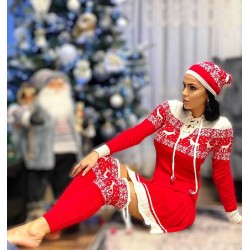Compleu dama ieftin din tricot rosu minunat compus din rochie, caciula si jambiere Craciun cu snur