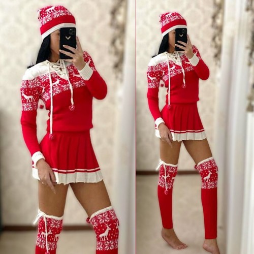 Compleu dama ieftin din tricot rosu minunat compus din rochie, caciula si jambiere Craciun cu snur