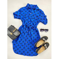 Rochie ieftina casual stil camasa scurta albastra cu cc si cordon in talie