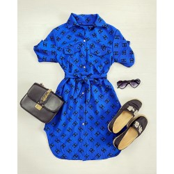 Rochie ieftina casual stil camasa scurta albastra cu cc si cordon in talie