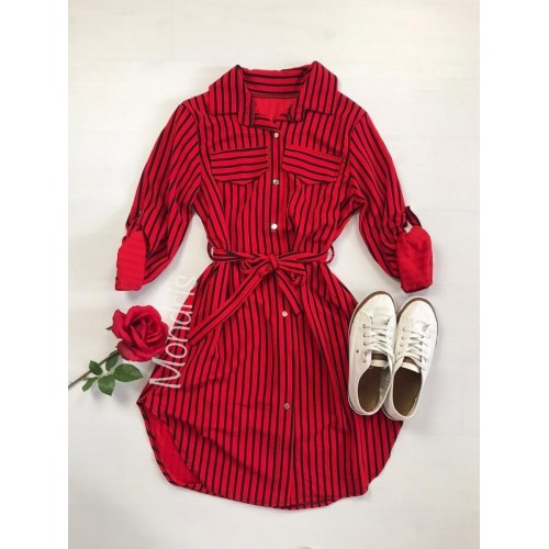 Rochie de zi ieftina rosie stil camasa cu imprimeu linii si cordon in talie