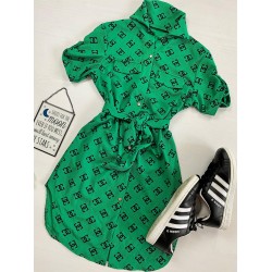 Rochie ieftina casual stil camasa scurta verde cu cc si cordon in talie