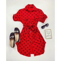 Rochie ieftina casual stil camasa scurta rosie cu cc si cordon in talie