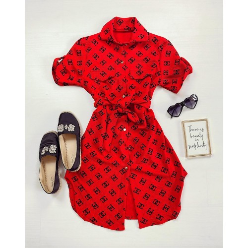 Rochie ieftina casual stil camasa scurta rosie cu cc si cordon in talie