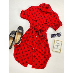 Rochie ieftina casual stil camasa scurta rosie cu cc si cordon in talie