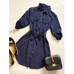 Rochie de zi ieftina bleumarin stil camasa cu imprimeu linii si cordon in talie