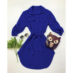Rochie ieftina casual stil camasa albastra si cordon in talie cu imprimeu zale