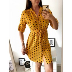 Rochie ieftina casual stil camasa galben cu puncte mari si cordon in talie
