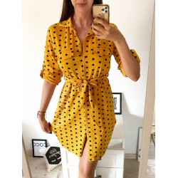 Rochie ieftina casual stil camasa galben cu puncte mari si cordon in talie