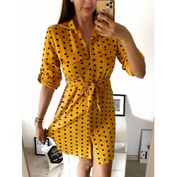 Rochie ieftina casual stil camasa galben cu puncte mari si cordon in talie
