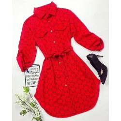 Rochie ieftina casual stil camasa rosie si cordon in talie cu imprimeu zale