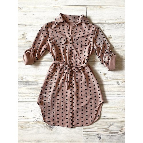 Rochie ieftina casual stil camasa roz cu puncte mari si cordon in talie