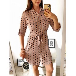 Rochie ieftina casual stil camasa roz cu puncte mari si cordon in talie