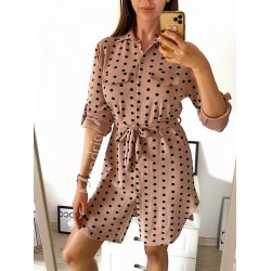 Rochie ieftina casual stil camasa roz cu puncte mari si cordon in talie