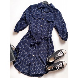 Rochie ieftina casual stil camasa bleumarin si cordon in talie cu imprimeu zale