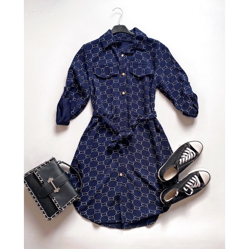 Rochie ieftina casual stil camasa bleumarin si cordon in talie cu imprimeu zale