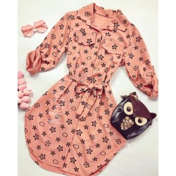 Rochie ieftina casual stil camasa roz cu stelute si cordon in talie