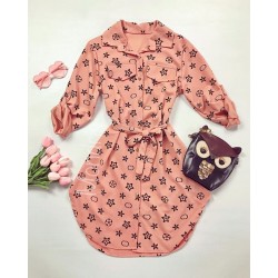 Rochie ieftina casual stil camasa roz cu stelute si cordon in talie