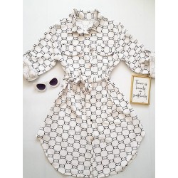 Rochie ieftina casual stil camasa alba si cordon in talie cu imprimeu zale