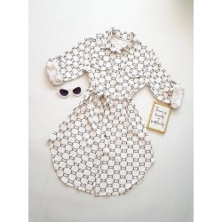 Rochie ieftina casual stil camasa alba si cordon in talie cu imprimeu zale
