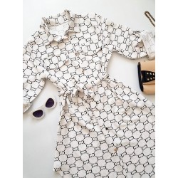 Rochie ieftina casual stil camasa alba si cordon in talie cu imprimeu zale