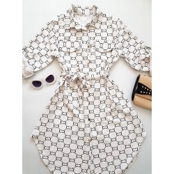 Rochie ieftina casual stil camasa alba si cordon in talie cu imprimeu zale