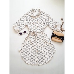 Rochie ieftina casual stil camasa alba si cordon in talie cu imprimeu zale