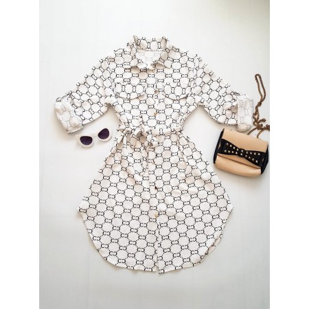 Rochie ieftina casual stil camasa alba si cordon in talie cu imprimeu zale