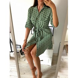 Rochie ieftina casual stil camasa verde cu puncte mari si cordon in talie
