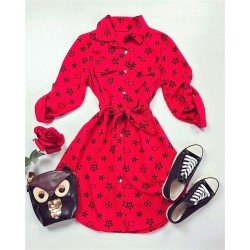 Rochie ieftina casual stil camasa rosie cu stelute si cordon in talie