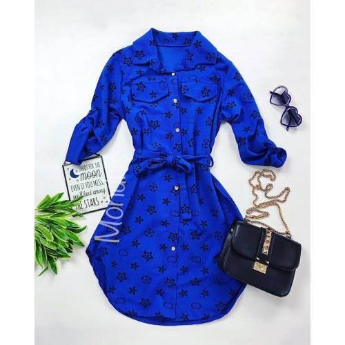 Rochie ieftina casual stil camasa albastra cu stelute si cordon in talie