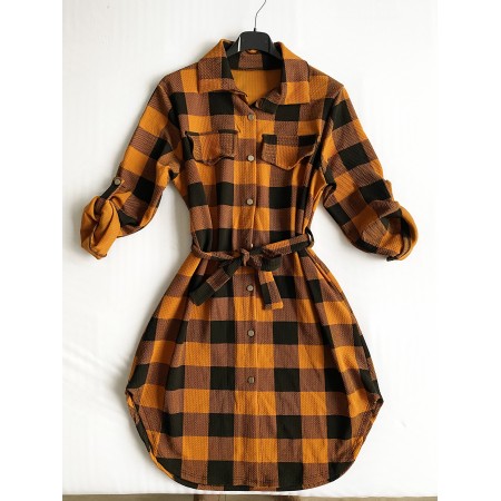 Rochie ieftina casual stil camasa lunga galbena cu carouri si cordon in talie