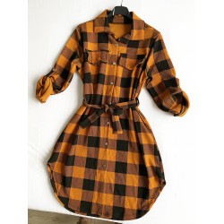 Rochie ieftina casual stil camasa lunga galbena cu carouri si cordon in talie