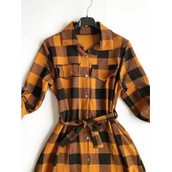 Rochie ieftina casual stil camasa lunga galbena cu carouri si cordon in talie