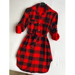 Rochie ieftina casual stil camasa lunga rosie cu carouri si cordon in talie