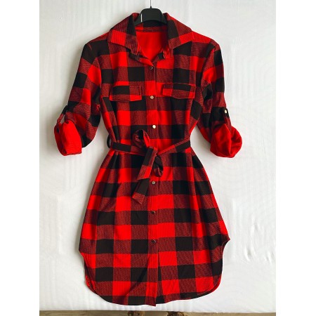 Rochie ieftina casual stil camasa lunga rosie cu carouri si cordon in talie