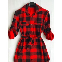 Rochie ieftina casual stil camasa lunga rosie cu carouri si cordon in talie