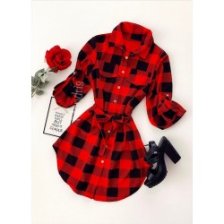 Rochie ieftina casual stil camasa lunga rosie cu carouri si cordon in talie