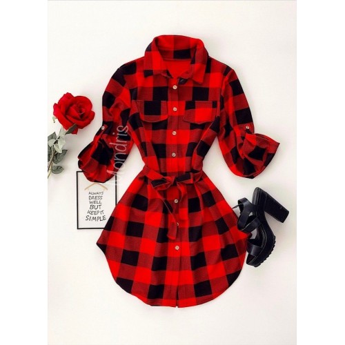 Rochie ieftina casual stil camasa lunga rosie cu carouri si cordon in talie