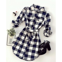 Rochie ieftina casual stil camasa lunga bleumarin cu carouri si cordon in talie