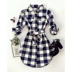 Rochie ieftina casual stil camasa lunga bleumarin cu carouri si cordon in talie