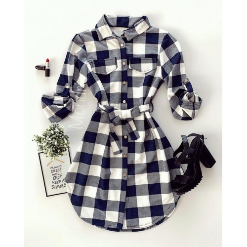 Rochie ieftina casual stil camasa lunga bleumarin cu carouri si cordon in talie