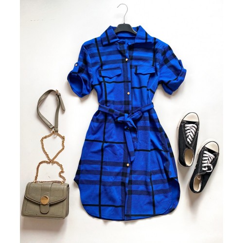 Rochie ieftina casual scurta stil camasa albastra si cordon in talie cu imprimeu dungi