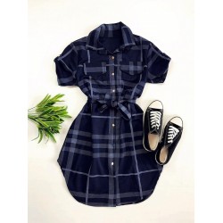 Rochie ieftina casual scurta stil camasa bleumarin si cordon in talie cu imprimeu dungi